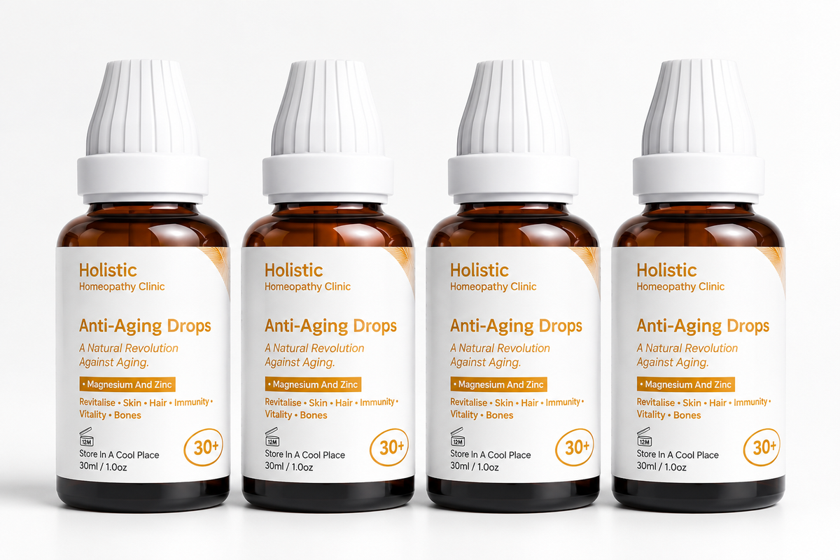 Four bottles of MistOrganics Anti-Aging Drops 30ml lined up