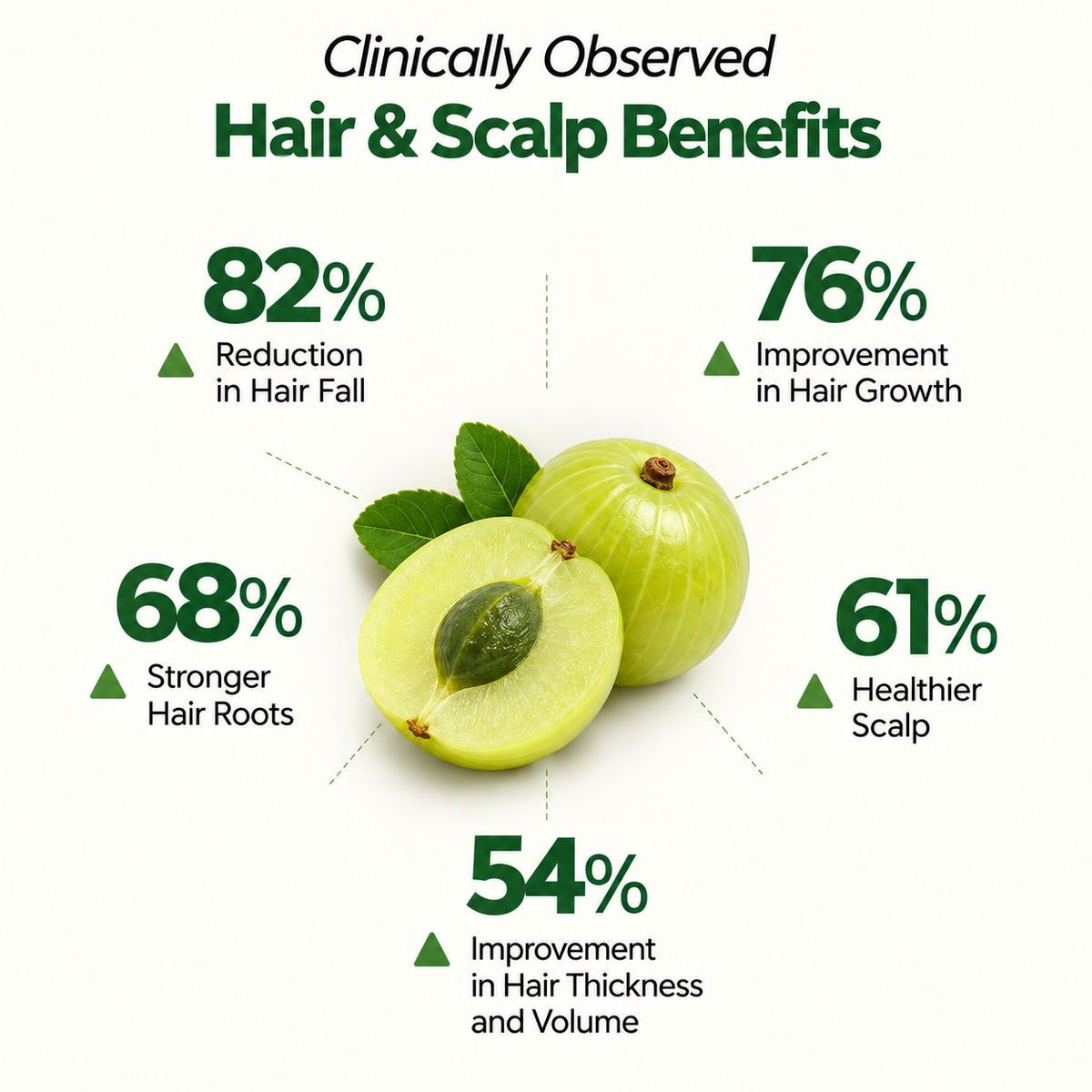 Clinically observed hair and scalp benefits: 82% less hair fall, 76% more hair growth, 68% stronger roots, 61% healthier scalp, 54% more thickness