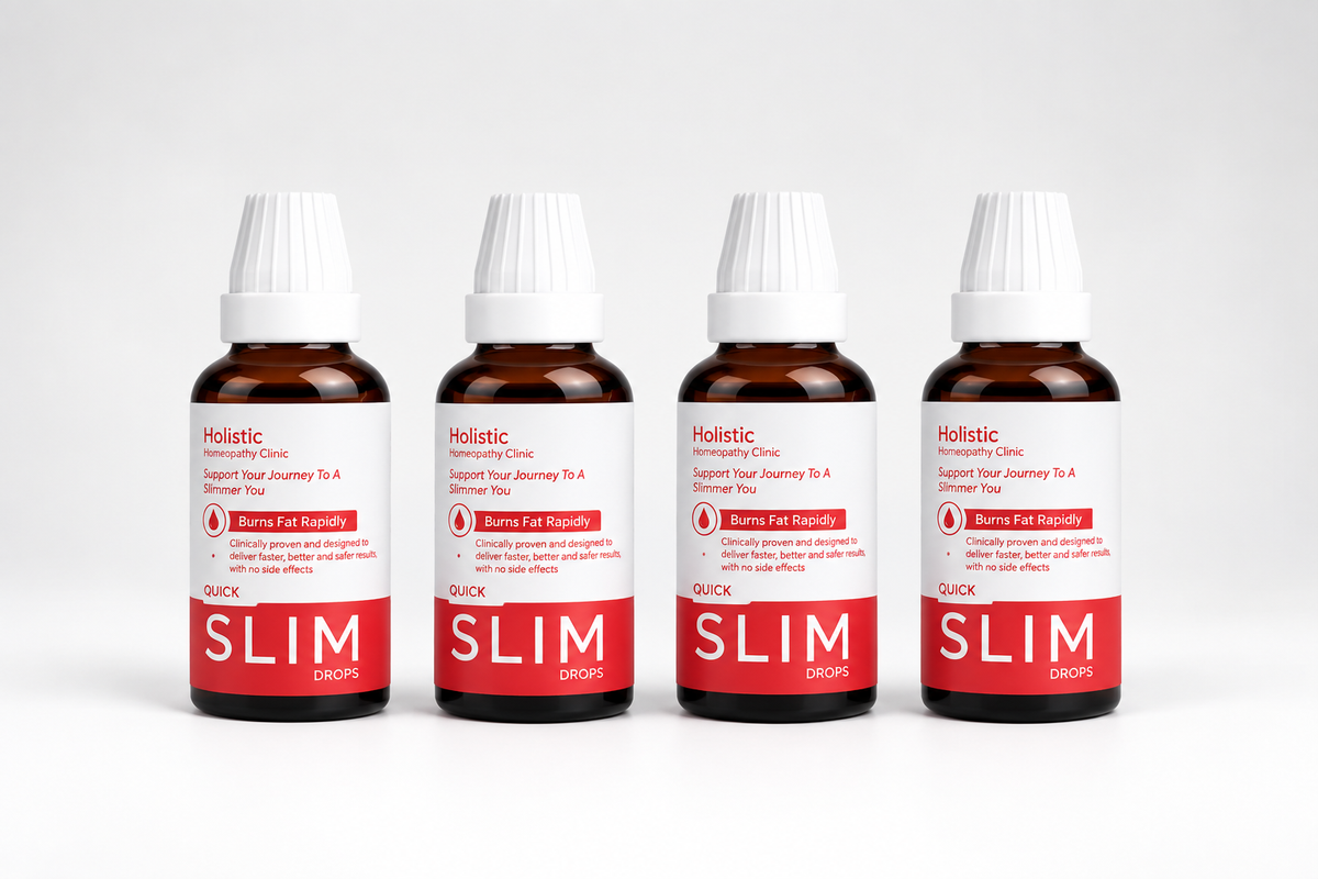 Four Quick Slim Drops bottles lined up