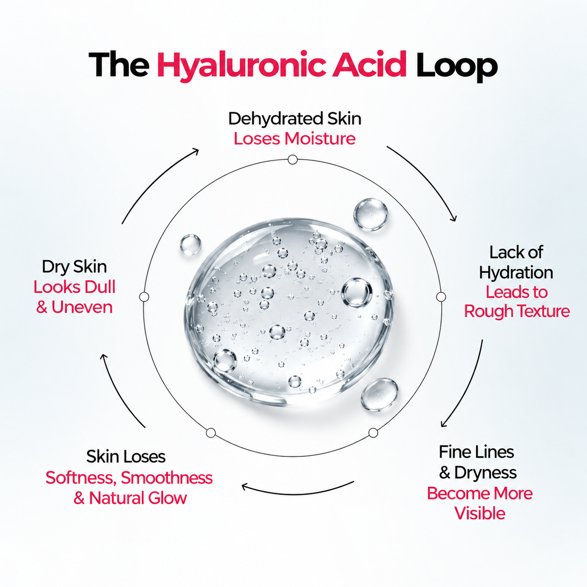 The Hyaluronic Acid Loop - dehydrated skin loses moisture, leading to rough texture, fine lines, dryness and a dull, uneven look