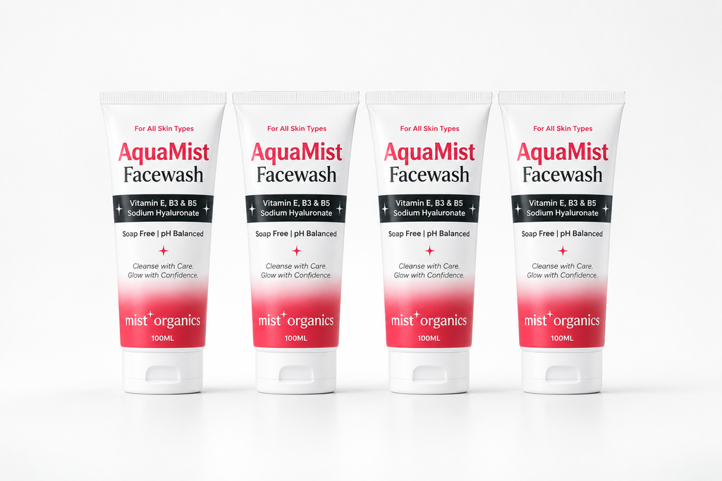 Four AquaMist Facewash 100ml tubes lined up in a row