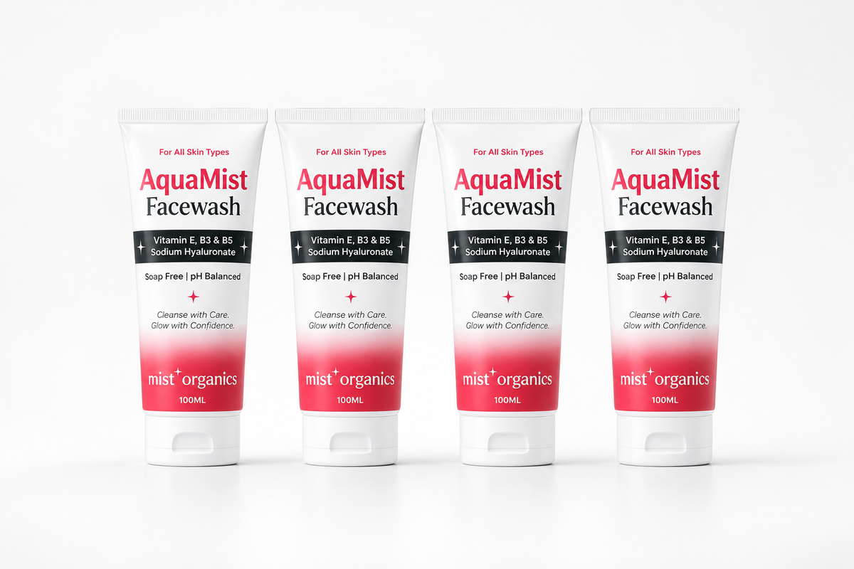 Four AquaMist Facewash 100ml tubes lined up in a row
