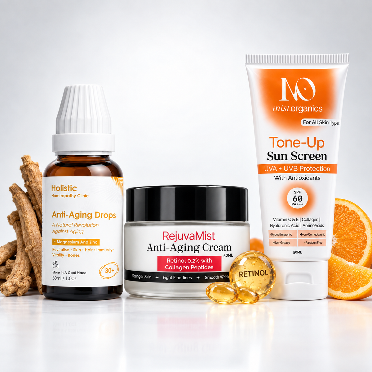 Anti-Aging Bundle - Anti-Aging Drops 30ml, RejuvaMist Anti-Aging Cream 50ml and Tone-Up Sun Screen SPF 60