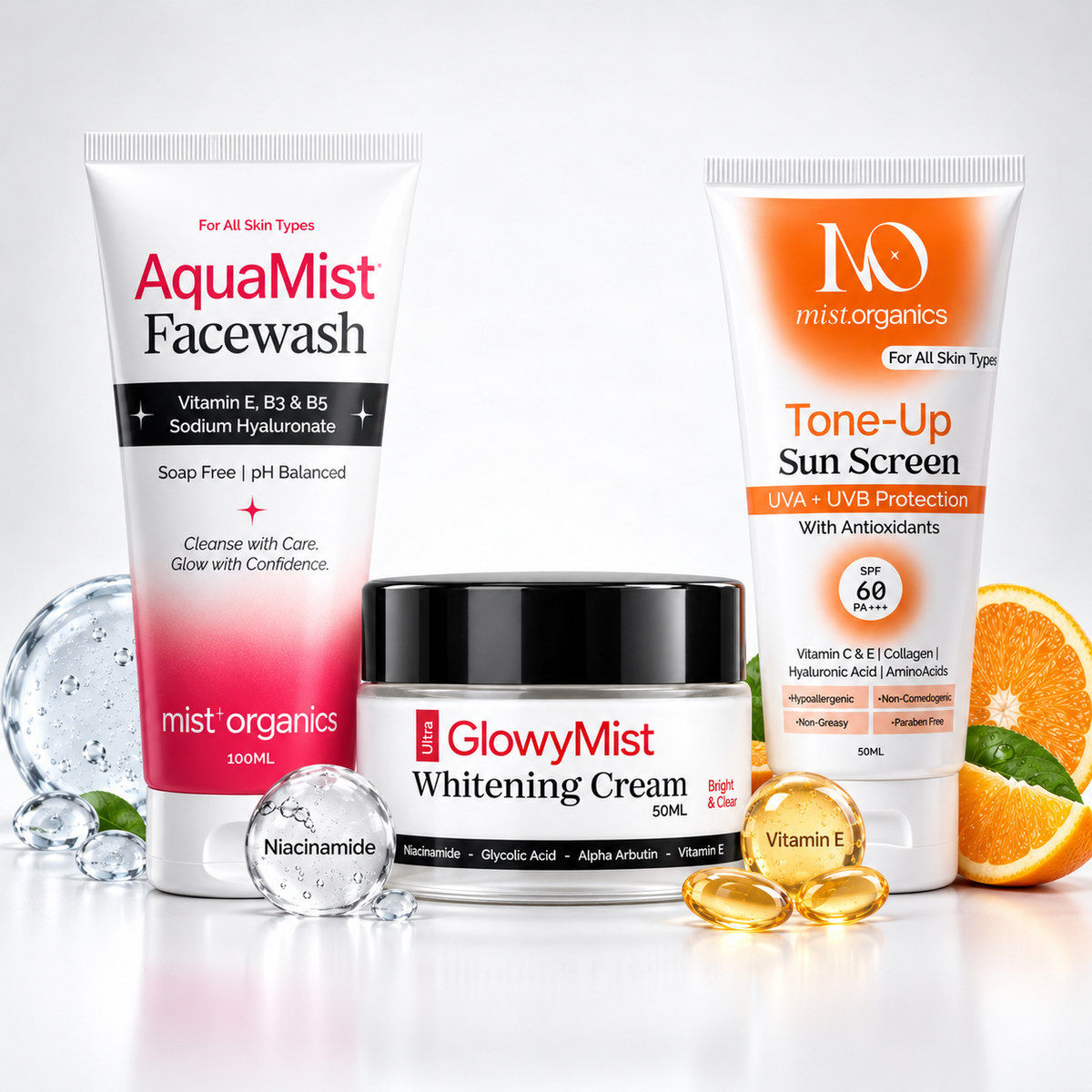 Skin Care Bundle - AquaMist Facewash 100ml, Ultra GlowyMist Whitening Cream 50ml and Tone-Up Sun Screen SPF 60