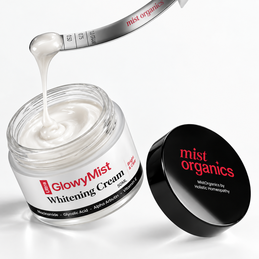 Open GlowyMist Whitening Cream jar showing the cream texture, with mist organics lid
