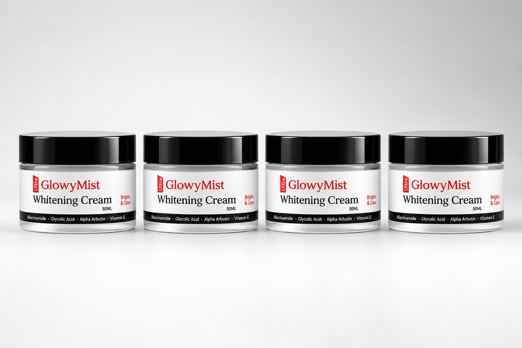 Four GlowyMist Whitening Cream 50ml jars lined up
