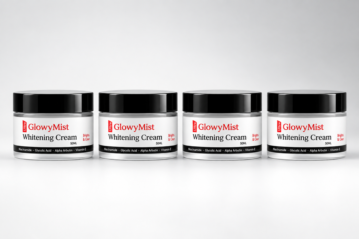 Four GlowyMist Whitening Cream 50ml jars lined up