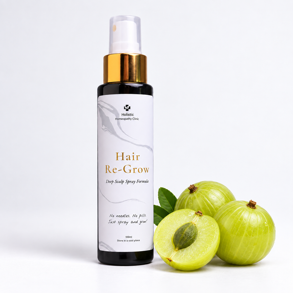 Hair Re-Grow Deep Scalp Spray Formula 100ml bottle beside fresh amla