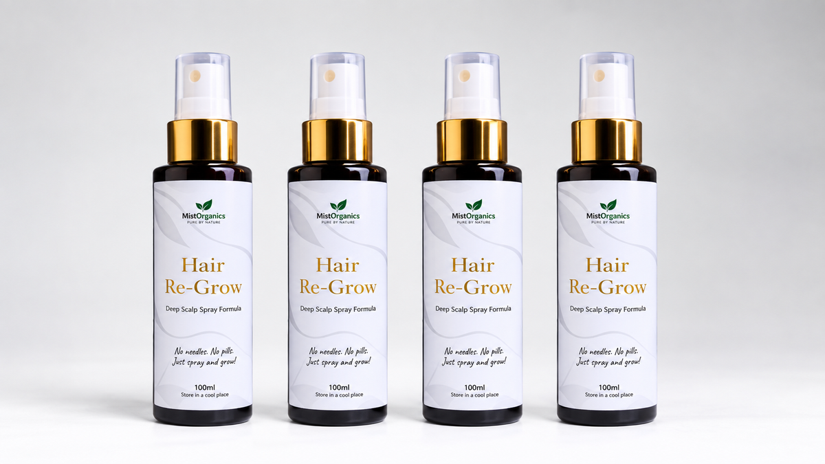 Four MistOrganics Hair Re-Grow Spray 100ml bottles lined up