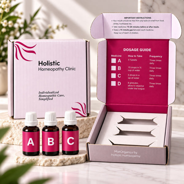 Fibro Care 15-day homeopathic kit: Holistic Homeopathy Clinic box with medicine bottles A, B and C and the dosage guide