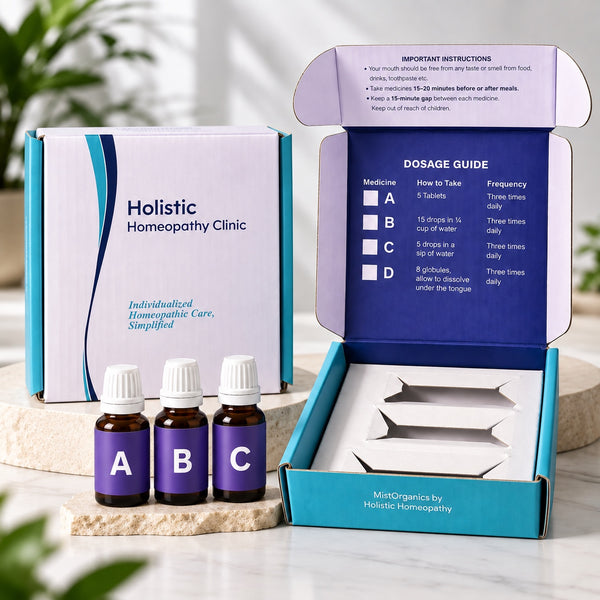 Heel Pain Relief 15-day homeopathic kit: Holistic Homeopathy Clinic box with medicine bottles A, B and C and the dosage guide