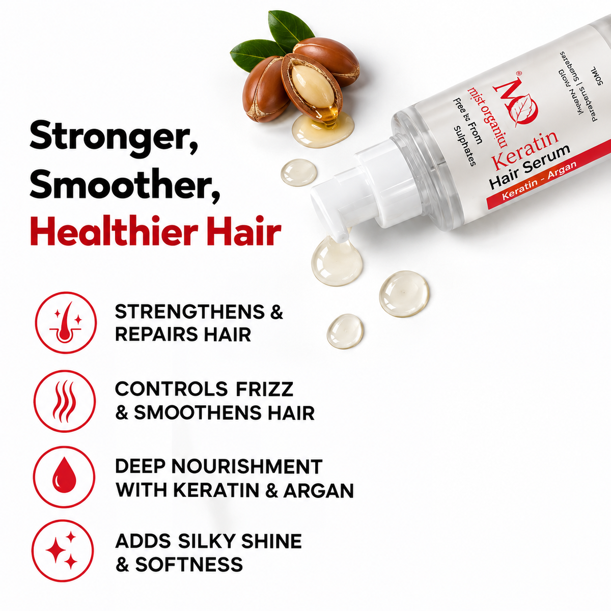 Stronger, smoother, healthier hair - strengthens and repairs, controls frizz, deep nourishment with keratin and argan, adds silky shine