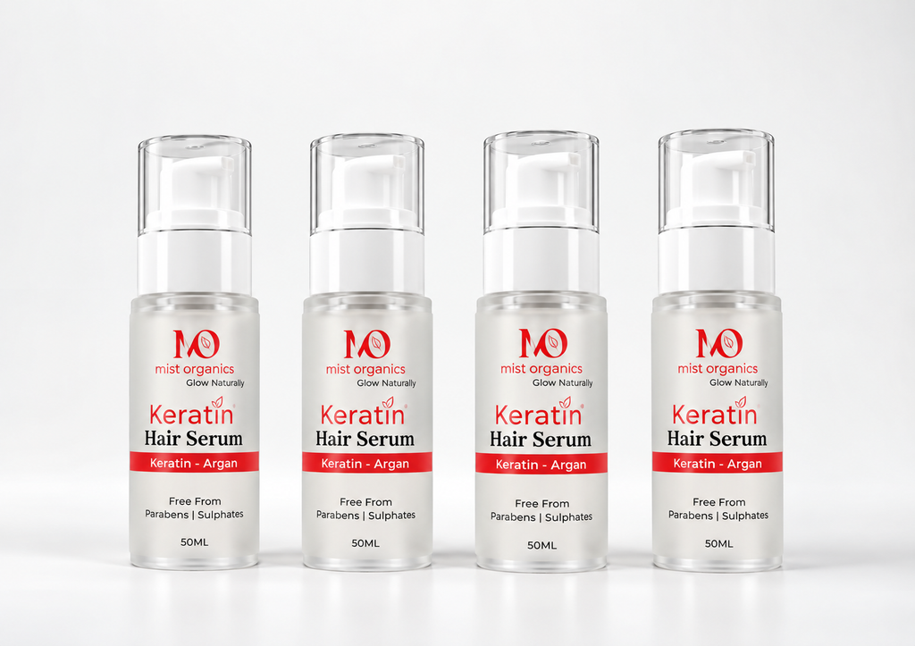 Four bottles of Mist Organics KeraMist Keratin Hair Serum 50ml lined up