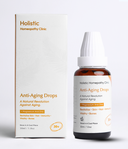 Holistic Homeopathy Clinic Anti-Aging Drops bottle and packaging on a white background
