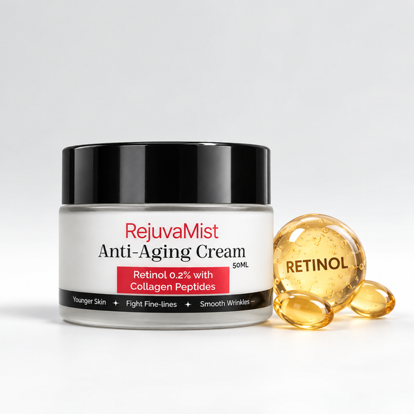 RejuvaMist Anti-Aging Cream 50ml jar with retinol 0.2% and collagen peptides, beside golden retinol capsules