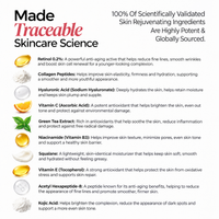 Ingredients list: retinol 0.2%, collagen peptides, hyaluronic acid, vitamin C, green tea extract, niacinamide, squalane, vitamin E, acetyl hexapeptide-8 and kojic acid