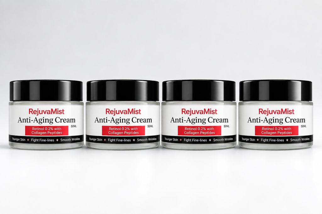Four jars of RejuvaMist Anti-Aging Cream 50ml lined up