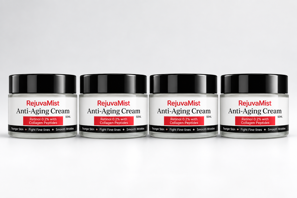 Four jars of RejuvaMist Anti-Aging Cream 50ml lined up