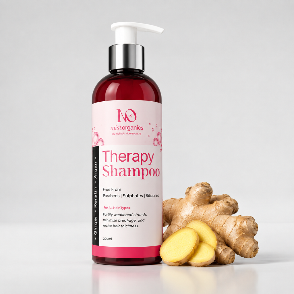 MistOrganics Therapy Shampoo 200ml bottle with fresh ginger root