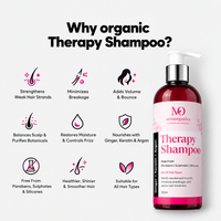 Why organic Therapy Shampoo: strengthens weak strands, minimizes breakage, adds volume, balances scalp, restores moisture, suitable for all hair types