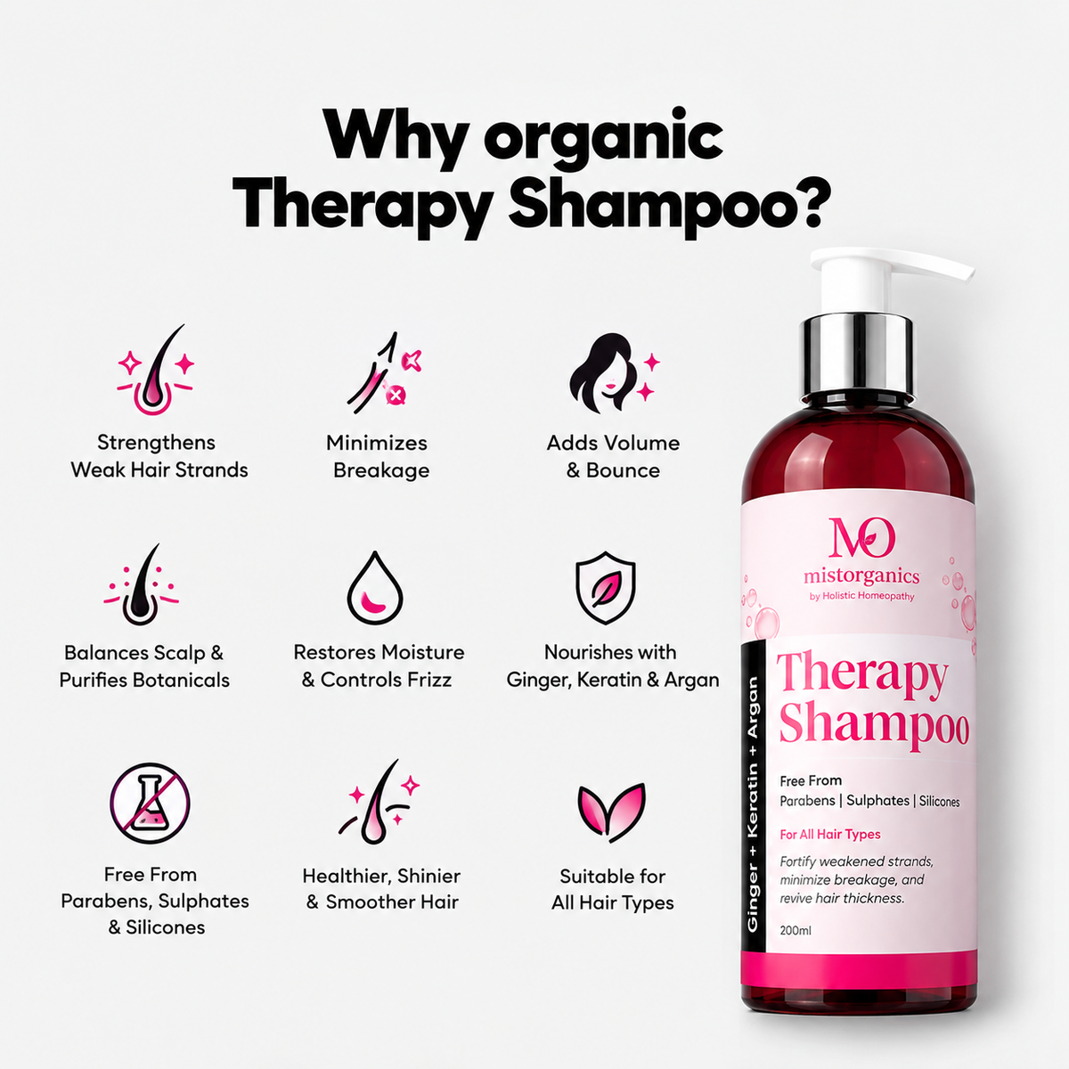Why organic Therapy Shampoo: strengthens weak strands, minimizes breakage, adds volume, balances scalp, restores moisture, suitable for all hair types