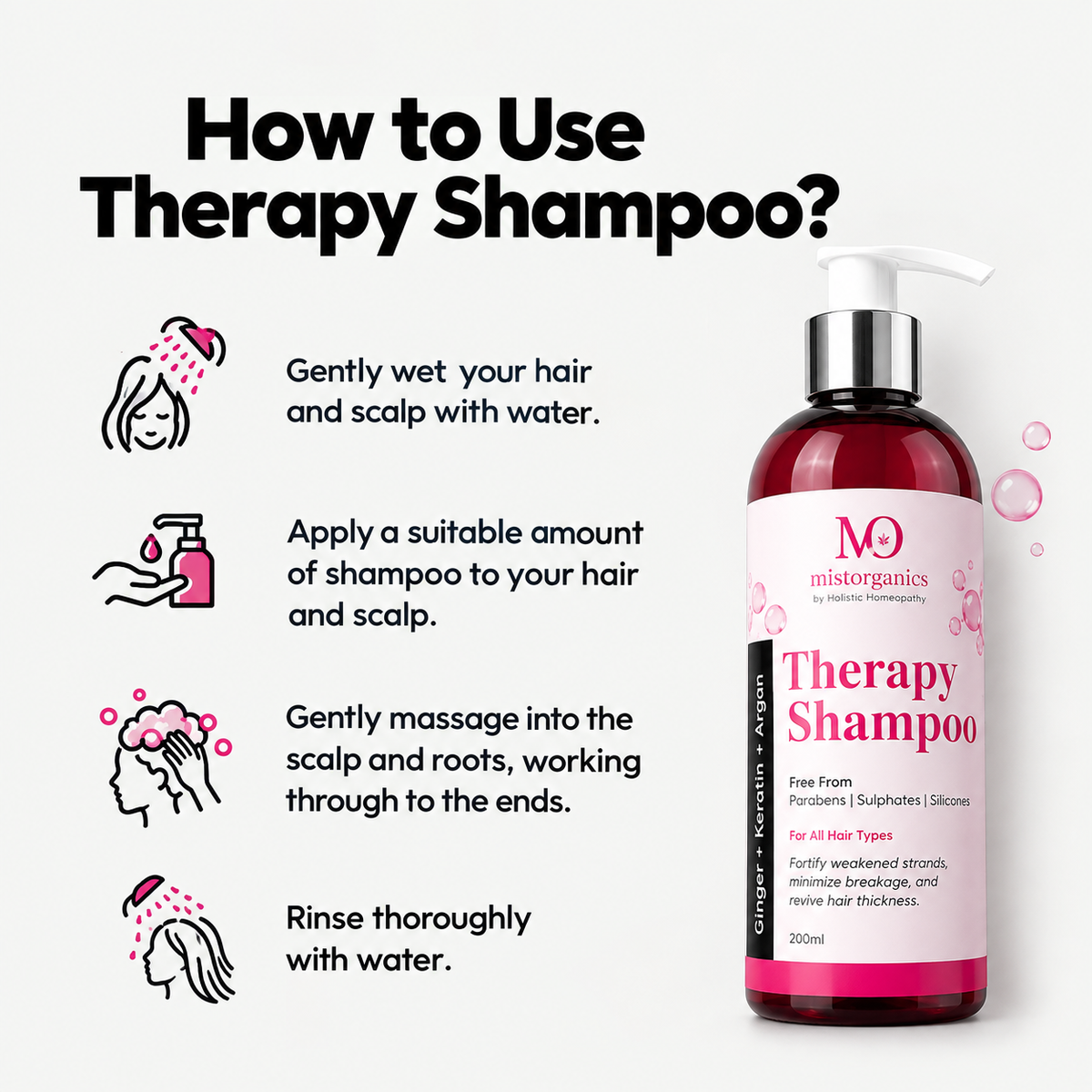 How to use Therapy Shampoo: wet hair, apply shampoo, massage into scalp and roots, rinse thoroughly