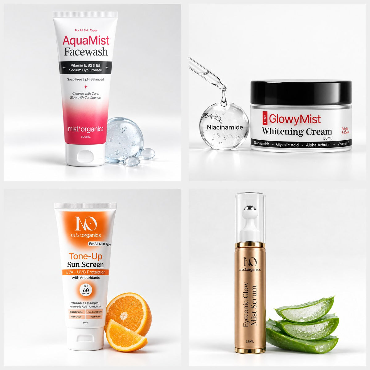 Face wash, whitening cream, Tone Up sunscreen and Eyeconic Glow Mist Serum bundle