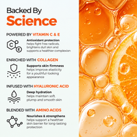 Backed by science: vitamin C and E for antioxidant protection, collagen for firmness, hyaluronic acid for hydration and amino acids for a stronger skin barrier